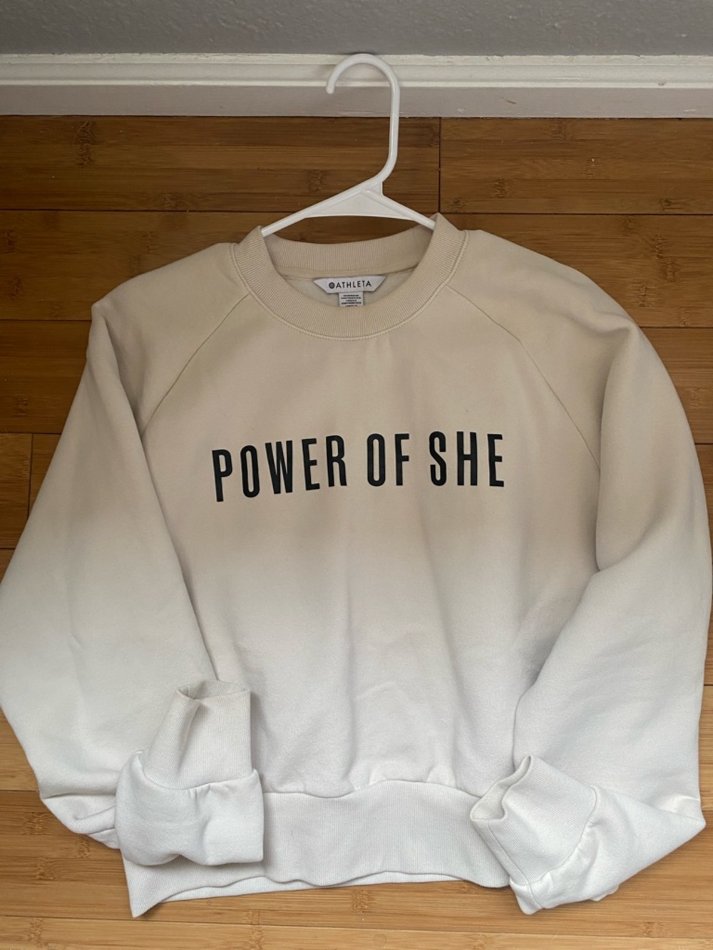 Athleta Cream Crewneck with Black 'POWER OF SHE' Text